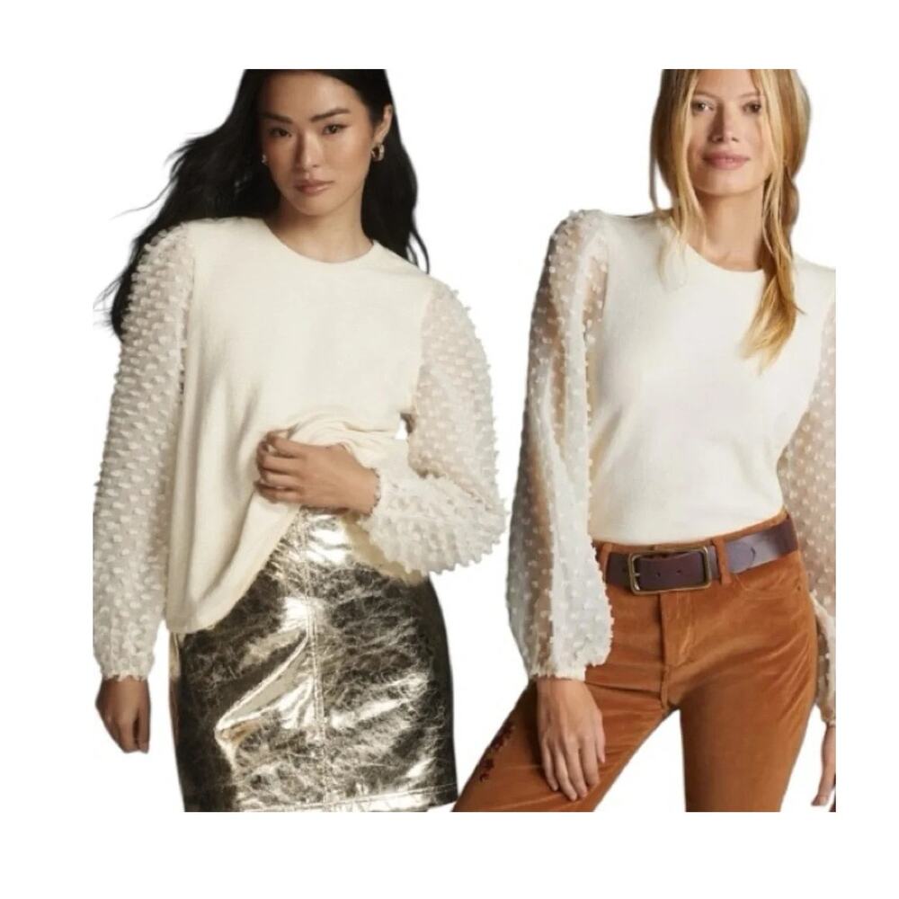 Anthropologie Maeve Textured Long Sheer Sleeve Ivory Top Blouse Feminine Small